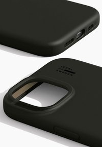 Black smartphone case with cutouts for buttons and camera, showcasing a minimalist design and the logo "IDEAL OF SWEDEN."