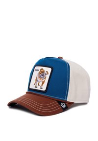 Cappello con visiera marrone e parte frontale blu, presenta una patch ricamata con un bulldog. I pannelli laterali sono bianchi e le cuciture in contrasto completano il design.