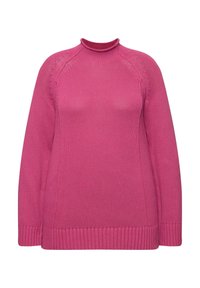 Pullover lavorato a maglia in un vivace colore rosa con un collo alto, polsini e bordo a coste. Presenta maniche a raglan e un tessuto testurizzato e traspirante.