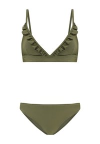 Bikini set olivovo zelenej farby s volánikovým braletom na tenkých ramienkach a zodpovedajúcimi nízko stehennými bikinami, vyrobený z hladkého materiálu.