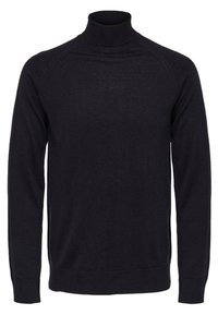 Czarny sweter z golfem wykonany z miękkiej tkaniny, z długimi rękawami, prążkowanym kołnierzem i mankietami oraz dopasowanym krojem.