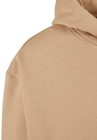 Felpa beige realizzata in morbido cotone misto, con un ampio cappuccio, polsini a coste e una texture liscia con dettagli di cucitura visibili.