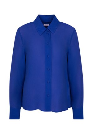 Blauwe blouse met lange mouwen, gemaakt van een soepel, lichtgewicht stof. Heeft een puntige kraag, centrale knoopsluiting en een afgeronde zoom.