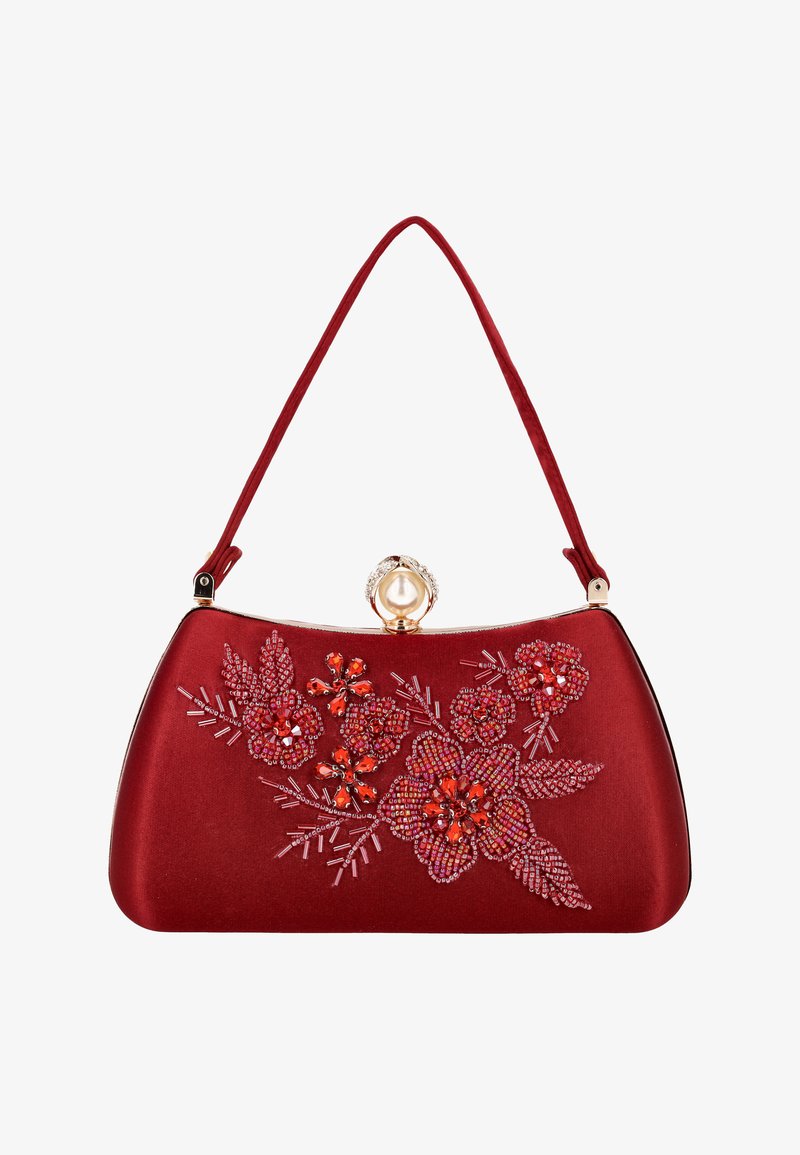 Piros szatén kézitáska virágos gyöngyhímzéssel, aranyszínű fémalkatrészekkel, lekerekített zárral és egy vállpánttal. Sima textúra, strukturált forma.