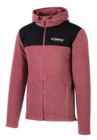 Giacca in pile rosa con parte superiore nera, chiusura con zip, cappuccio regolabile e due tasche laterali. Logo sul petto.
