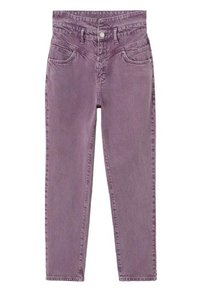 Jeans de mezclilla morados con cintura alta, diseño de cinco bolsillos y cierre de botón. Presenta un corte recto y una textura sutil.