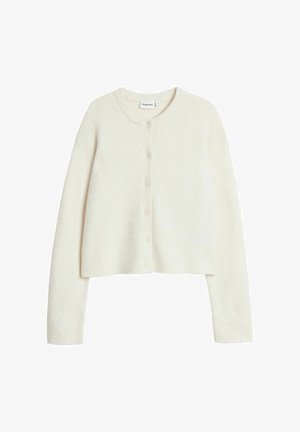 Witte, kort gesneden cardigan van zacht, gestructureerd materiaal. Heeft een ronde halslijn en vijf bijpassende knopen aan de voorkant.