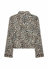 Beskurad jacka i beige med svart leopardmönster, med krage och långa ärmar, tillverkad i ett mjukt, strukturerat tyg. Bakvy visad.