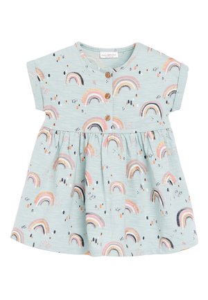 Robe à manches courtes bleu clair avec imprimé arc-en-ciel multicolore, dotée de boutons en bois et d'une jupe évasée. Matériau en mélange de coton.