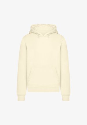 Cremefarbener Hoodie aus weichem Stoff, ausgestattet mit einer Kordelzugkapuze, einer Kängurutasche, gerippten Bündchen und einem gerippten Saum, mit einer glatten, einfarbigen Textur.