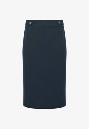 Tuumien kynähame, joka on valmistettu sileästä kankaasta, ja jossa on kaksi koristeellista nappia vyötäröllä. Hameessa on istuva siluetti ja suora leikkaus.