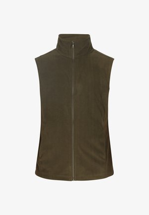 Olivgrüner ärmelloser Weste aus weichem Fleece-Material, mit Stehkragen und vollem Frontreißverschluss. Glatte Textur ohne zusätzliche Merkmale.