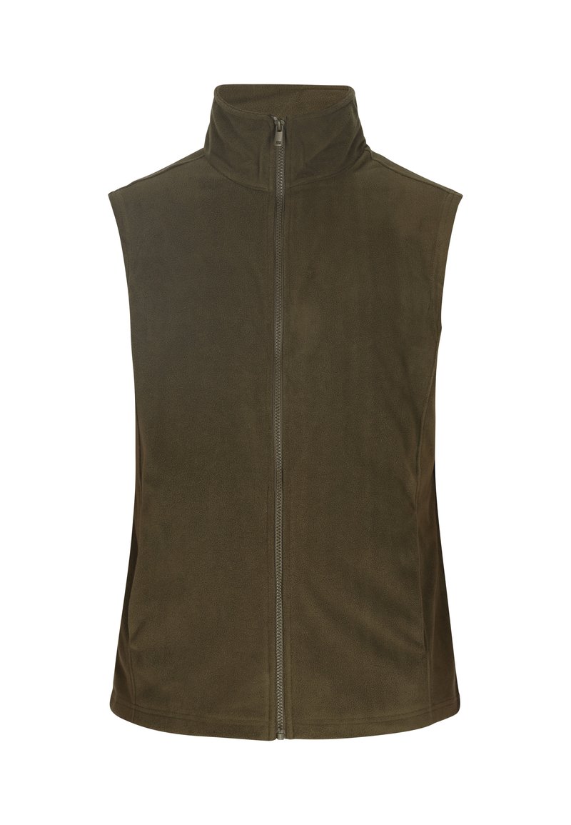 Olive green bezrękawnik wykonany z miękkiego materiału polarowego, z stójką i pełnym zapięciem na zamek. Gładka faktura bez dodatkowych elementów.