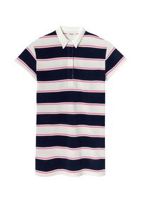 Polo à col, ornée de rayures horizontales bleu marine et blanches accentuées de rose. Manches courtes, en coton.