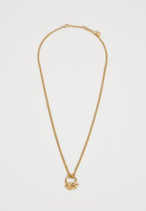 Gouden ketting met een gedraaide knoop pendant, met een dubbelstrengs ontwerp en textuur links voor extra detail.