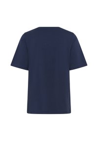 Dunkelblaue Baumwoll-T-Shirts mit kurzen Ärmeln, runder Ausschnitt und glatter Textur. Eignet sich durch ein einfaches Design ohne sichtbare Muster.
