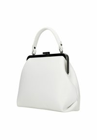 Borsa a tracolla bianca in pelle con forma strutturata, dotata di una cornice in metallo nero e di un singolo manico superiore. Superficie testurizzata con una delicata grana.