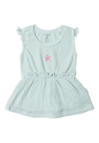 Hellgrünes, geripptes Babykleid mit gerafftem Saum, Rüschenträgern und einem pinken Seestern-Stickdetail auf der Vorderseite.