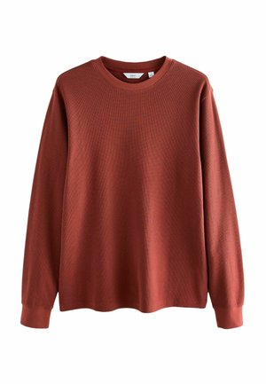 Roestkleurige lange mouwen sweatshirt met een gestructureerd patroon, geribde halslijn en boorden. Gemaakt van zachte, rekbare stof voor comfort.
