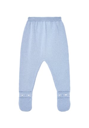 Pantalon bébé tricoté bleu clair avec pieds, taille élastique et motif ajouré décoratif au-dessus des pieds.