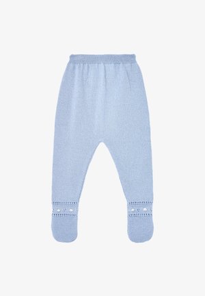 Pantalon bébé tricoté bleu clair avec pieds, taille élastique et motif ajouré décoratif au-dessus des pieds.