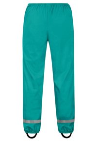 Türkisblaue, wasserdichte Hose mit elastischem Bund, reflektierenden Streifen an den Säumen und elastischen Öffnungen für eine sichere Passform. Glatte Textur.