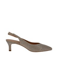 Zapato de tacón slingback de punta afilada en tejido beige texturizado, con un tacón bajo y delgado y una correa ajustable y fina en la parte posterior.