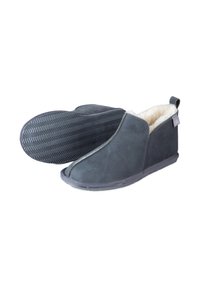 Gray, suede slipper with a soft, fluffy lining, low ankle design, and textured rubber sole featuring a herringbone pattern.