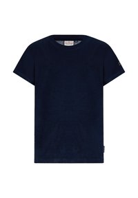 Navyblauwe t-shirt met korte mouwen van een zachte stof. Ronde hals met een label zichtbaar bij de kraag en een logo-accent op de mouw.