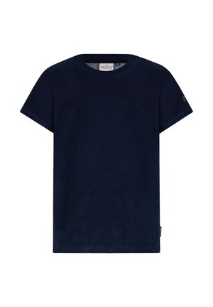 T-shirt a maniche corte blu navy in un tessuto morbido. Collo tondo con un'etichetta visibile al colletto e un accento con logo sulla manica.