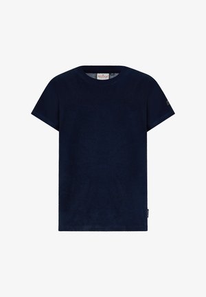 Navyblaues Kurzarm-T-Shirt aus weichem Stoff. Runder Halsausschnitt mit sichtbarem Etikett am Kragen und einem Logo-Akzent am Ärmel.