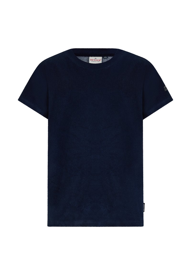 Navyblauwe t-shirt met korte mouwen van een zachte stof. Ronde hals met een label zichtbaar bij de kraag en een logo-accent op de mouw.