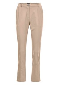 Beige op maat gemaakte broek met een rechte pijp, voorkant met ritssluiting en decoratieve stiksels langs de naden. Gladde stofstructuur.