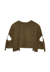 Top corto verde oliva realizzato in tessuto morbido. Presenta maniche aperte e accentuate e un collo rotondo con orlo cucito.