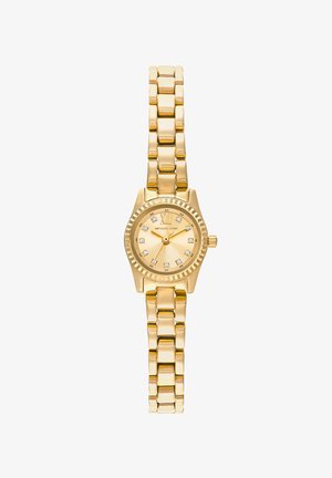 Orologio da polso in tono oro con bracciale a maglie, quadrante rotondo con numero romano XII, indicatori delle ore in cristallo e tre lancette che segnano le 10:10:36.