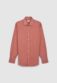 Chemise à manches longues avec boutons, de couleur rose poudré. Confectionnée dans un tissu texturé avec un col classique et des boutons blancs à l'avant.