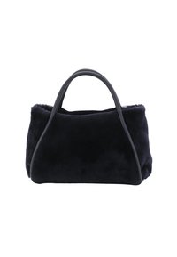 Navy blue faux fur handbag with rounded shape, smooth leather accents, and dual handles. Soft texture and minimalist design.