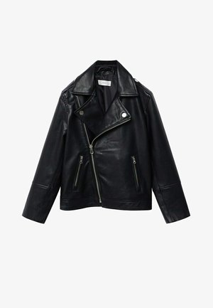 Giacca da motociclista in pelle nera con vestibilità corta, dettagli in argento, chiusura asimmetrica con zip e due tasche frontali con zip.