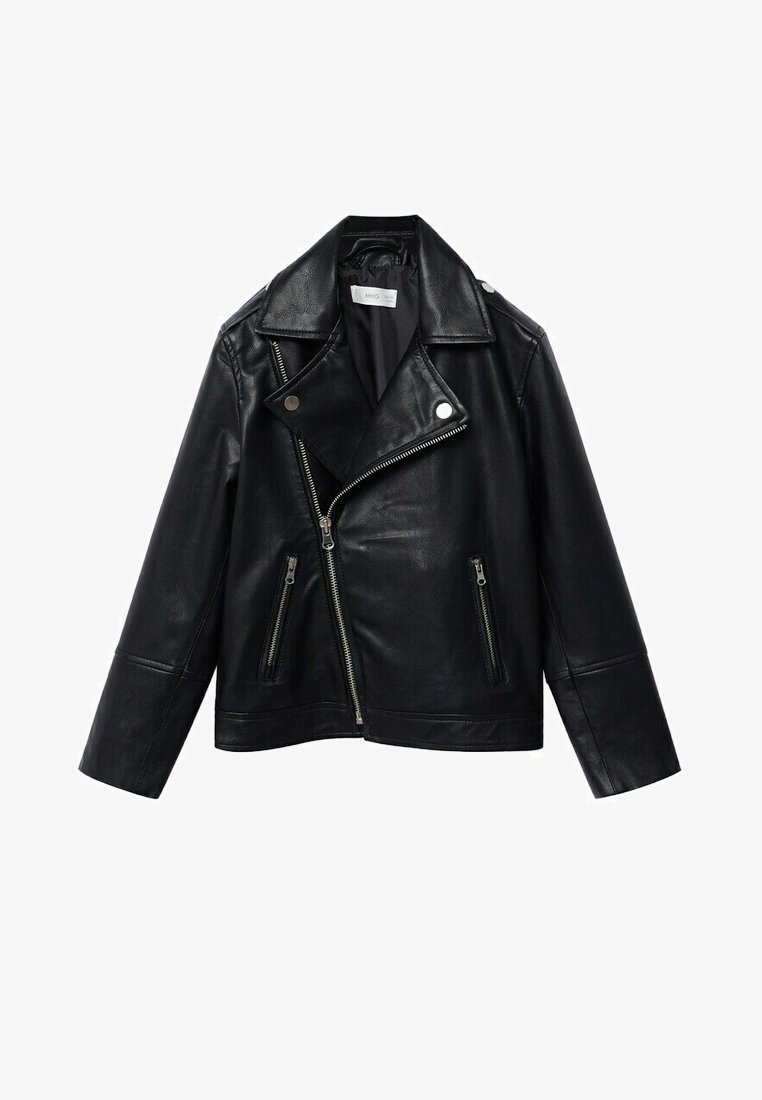 Černá kožená motorkářská bunda s krátkým střihem, stříbrným kováním, asymetrickým zapínáním na zip a dvěma předními kapsami na zip.