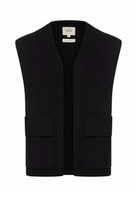 Schwarze Weste aus Wollmischung mit gerippter Textur, weiten Armausschnitten, offener Vorderseite und zwei Taschen auf der Vorderseite. Einfaches, funktionales Design ohne Verschlüsse.