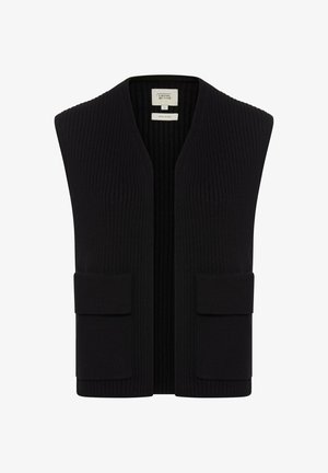 Schwarze Weste aus Wollmischung mit gerippter Textur, weiten Armausschnitten, offener Vorderseite und zwei Taschen auf der Vorderseite. Einfaches, funktionales Design ohne Verschlüsse.