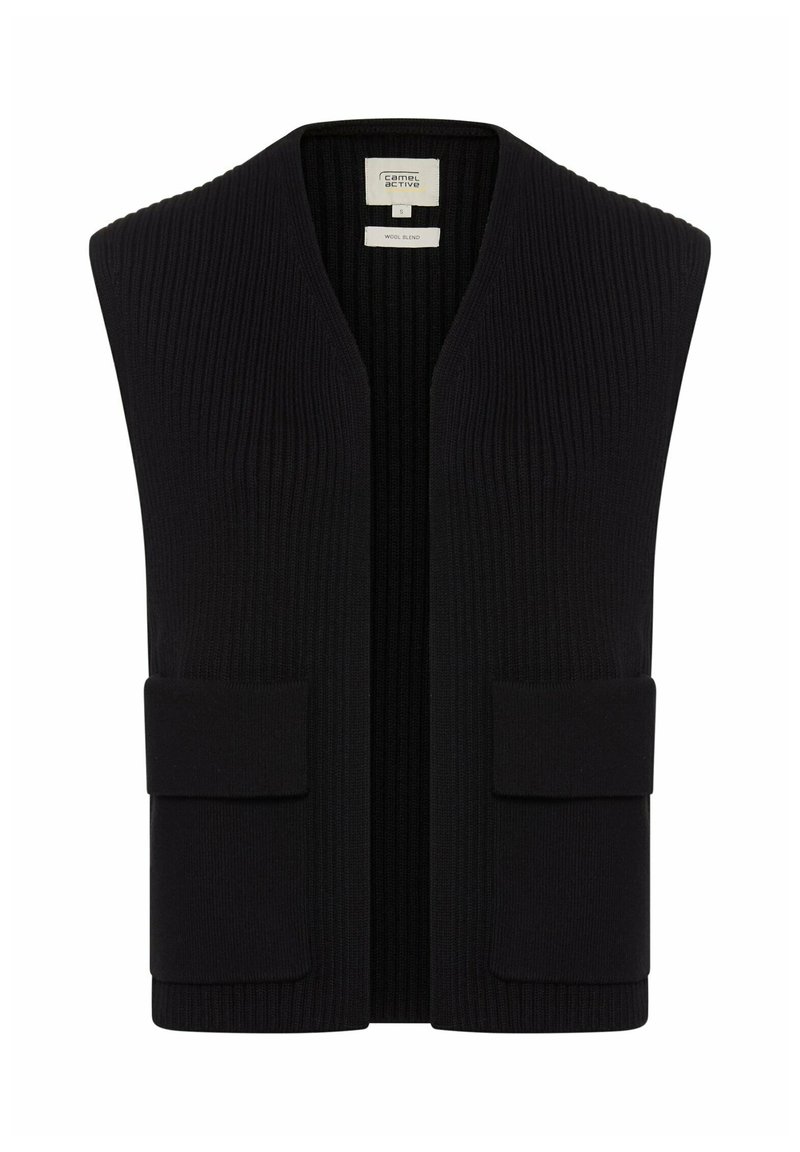 Schwarze Weste aus Wollmischung mit gerippter Textur, weiten Armausschnitten, offener Vorderseite und zwei Taschen auf der Vorderseite. Einfaches, funktionales Design ohne Verschlüsse.