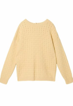 Yellow knitted sweater with a textured pattern of small squares, long sleeves, and a wide round neckline. Ribbed hem and cuffs.