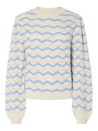 Pull en maille crème avec motif zigzag bleu, présentant un col rond côtelé, des manches longues bouffantes et un design en openwork texturé.