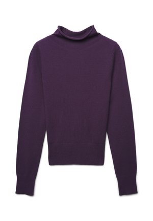 Maglione viola a maniche lunghe con collo alto, con polsini e orlo a coste, mostrato appiattito su uno sfondo bianco.