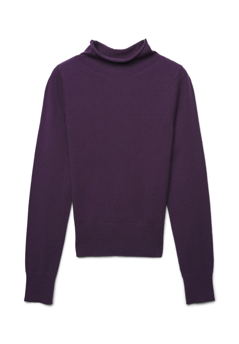 Langärmliger lila Rollkragensweater mit gerippten Bündchen und Saum, flach auf einem weißen Hintergrund präsentiert.
