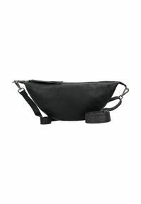 Borsa in pelle nera con un design curvo, chiusura con zip, tracolla rimovibile e superficie testurizzata con un accentuato logo sulla tracolla.