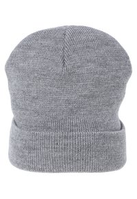 Cappello beanie grigio lavorato a maglia con risvolto, caratterizzato da una texture morbida e un design semplice, adatto per un uso casual o per il clima freddo.