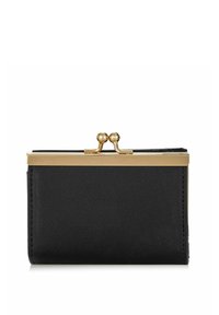Czarny skórzany portfel ze złotą metalową ramką i zapięciem. Powierzchnia jest gładka, o wyraźnym kształcie, z zaokrąglonymi zapięciami na górze.