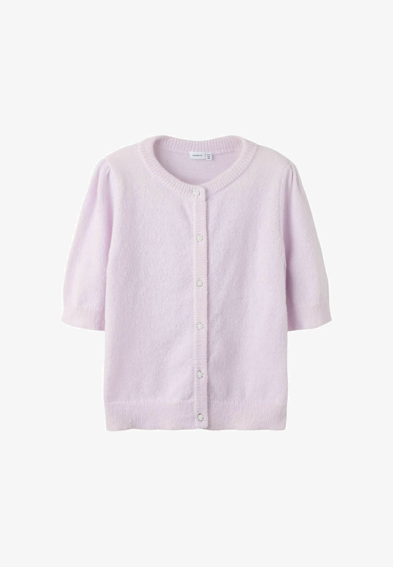 Cardigan a maniche corte rosa chiaro con scollo rotondo, chiusura frontale con bottoni e polsini e orlo a coste.